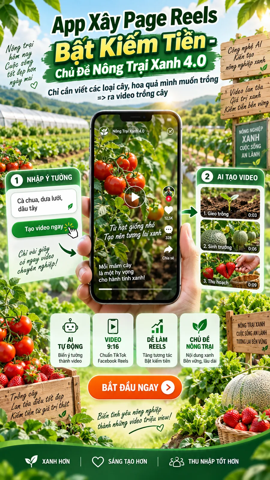 App Xây Page Reels Bật Kiếm Tiền - Chủ Đề  Nông Trại Xanh 4.0