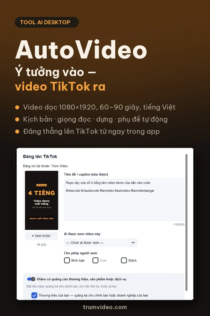 AutoVideo — Tool tạo video TikTok tự động hàng loạt